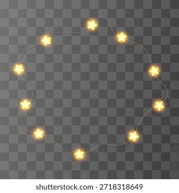 Light string Xmas frame, fairy star bulb garland. Merry chirstmas glitter wreath png, ball festoon vector decor. Christmas 3d warm shine isolated, noel lamp line element, gold bokeh wedding decoration