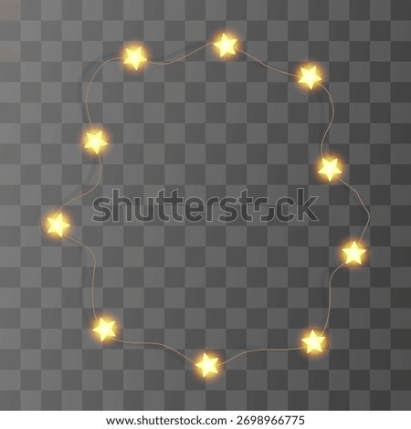 Light string Xmas frame, fairy star bulb garland. Christmas 3d warm shine isolated. Merry chirstmas glitter wreath png, festoon ball vector decor. Noel lamp line element, gold bokeh wedding decoration