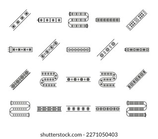 Light strip icon. LED ribbon modules for decorative lighting stripes, tape lights pictogram vector set. Black and white icons, electric equipment components with diodes or glow bulbs - Shutterstock ID 2271050403