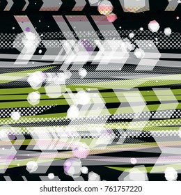 Light stripes, dots, arrows on black backdrop. Seamless texture for boys and sports design. Abstract vector background for web page, banners backdrop, fabric, home decor, wrapping