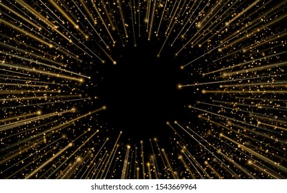 Light stripes fast over dark background with ray sparkles. Design of star burst explosion frame. Hyperspace warp jump effect. Vector background