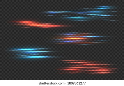 Rayas claras. Líneas horizontales de neón de brillo rojo y azul conexión de datos brillo de flash abstracto futurista, alta velocidad de conexión de tecnología inteligente lastre vectorial aislado en fondo transparente