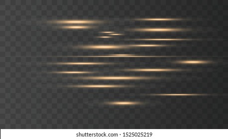 Light and stripes moving fast. Horizontal lens flares pack. Laser beams, horizontal light rays. Vector light effect. 