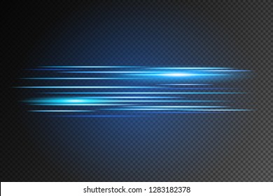 Light and stripes moving fast over dark background.design of the light effect. Vector blur in the light of radiance. Element of decor. Horizontal rays of light. - Vector