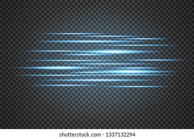 Light and stripes moving fast over dark background.design of the light effect. Vector blur in the light of radiance. Element of decor. Horizontal rays of light. - Vector