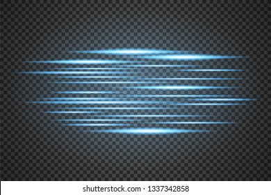 Luz y rayas que se mueven rápidamente sobre fondo oscuro.Diseño del efecto luz. Desenfoque del vector a la luz de la radiación. Elemento de decoración. Rayos horizontales de luz. - Vector