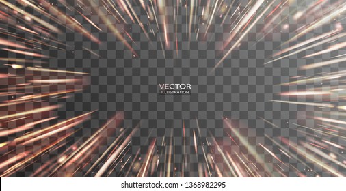 	
Light and stripes moving fast over dark background with ray sparkles. Design of star burst explosion frame on transparent background. Vector supersonic blur radiance. Hyperspace, warp jump effect.