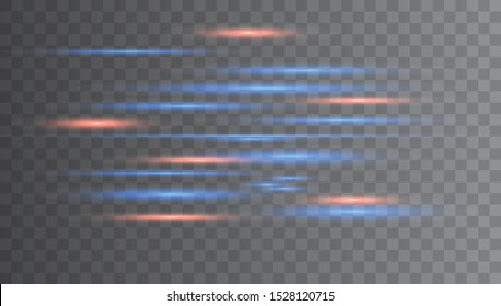 Light and stripes moving fast over dark background. Horizontal lens flares pack. Laser beams, horizontal light rays. Vector light effect.
