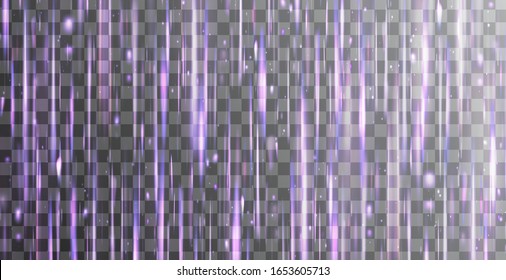 Light and stripes moving fast over dark background with ray sparkles. Design of star burst explosion frame on transparent background. Vector supersonic blur radiance. Hyperspace, warp jump effect.