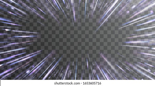 Light and stripes moving fast over dark background with ray sparkles. Design of star burst explosion frame on transparent background. Vector supersonic blur radiance. Hyperspace, warp jump effect.