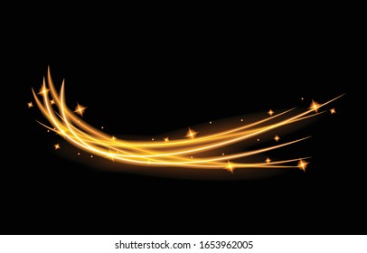 Light and stripes moving fast over dark background.design of the light effect. Vector blur in the light of radiance. Element of decor. Horizontal rays of light.