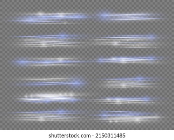 Light and stripes moving fast over transparent background. Horizontal rays of light. Beautiful of glow spark. Luminous abstract sparkling lined background. Glowing white speed line, flash blue. Vector