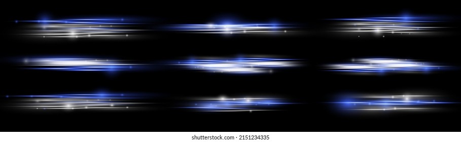 La luz y las rayas se mueven rápidamente sobre el fondo oscuro. Rayos horizontales de luz. Hermoso de resplandor y chispa. Luminoso fondo brillante abstracto. Línea de velocidad blanca brillante, azul brillante. Vector
