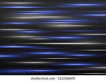Light and stripes moving fast over transparent background. Horizontal rays of light. Beautiful of glow spark. Luminous abstract sparkling lined background. Glowing white speed line, flash blue. Vector