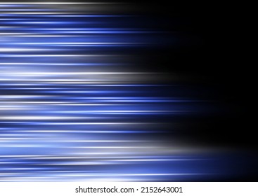 Light and stripes moving fast over dark background. Horizontal rays of light. Beautiful of glow and spark. Luminous abstract sparkling lined background. Glowing white speed line, flash blue. Vector