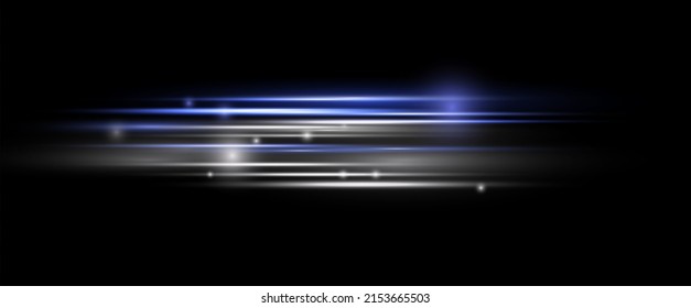 Light and stripes moving fast over dark background. Horizontal rays of light. Beautiful of glow and spark. Luminous abstract sparkling lined background. Glowing white speed line, flash blue. Vector