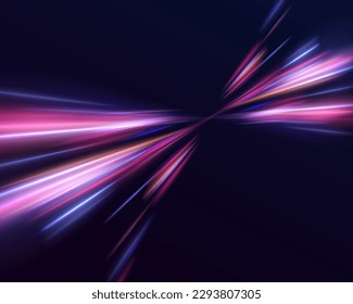 Light and stripes moving fast over dark background. Concept of leading in business, Hi tech products, warp speed wormhole science vector design.