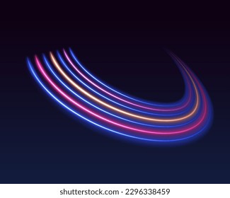 Light and stripes moving fast over dark background. Concept of leading in business, Hi tech products, warp speed wormhole science vector design.	