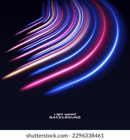 La luz y las rayas se mueven rápidamente sobre el fondo oscuro. Concepto de liderazgo en negocios, productos de alta tecnología, diseño vectorial de ciencia de gusanos de velocidad warp.	