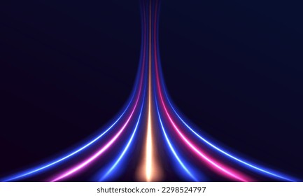 Light and stripes moving fast over dark background. Concept of leading in business, Hi tech products, warp speed wormhole science vector design.	