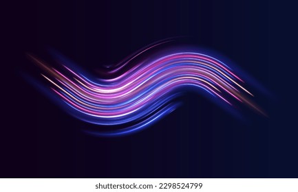 Light and stripes moving fast over dark background. Concept of leading in business, Hi tech products, warp speed wormhole science vector design.	