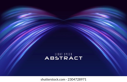 La luz y las rayas se mueven rápidamente sobre el fondo oscuro. Concepto de liderazgo en negocios, productos de alta tecnología, diseño vectorial de ciencia de gusanos de velocidad warp.	