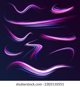 Light and stripes moving fast over dark background. Concept of leading in business, Hi tech products, warp speed wormhole science vector design.	