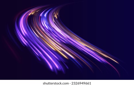 Light and stripes moving fast over dark background. Concept of leading in business, Hi tech products, warp speed wormhole science vector design.	