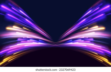 La luz y las rayas se mueven rápidamente sobre el fondo oscuro. Concepto de liderazgo en negocios, productos de alta tecnología, diseño vectorial de ciencia de gusanos de velocidad warp.	