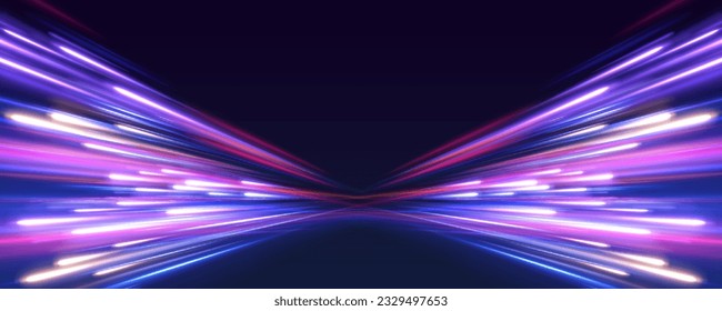 Light and stripes moving fast over dark background. Concept of leading in business, Hi tech products, warp speed wormhole science vector design.