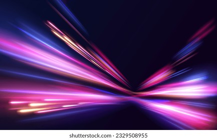 Light and stripes moving fast over dark background. Concept of leading in business, Hi tech products, warp speed wormhole science vector design.