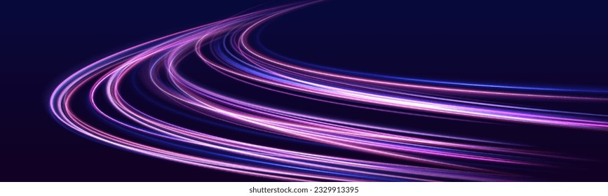 Light and stripes moving fast over dark background. Concept of leading in business, Hi tech products, warp speed wormhole science vector design.