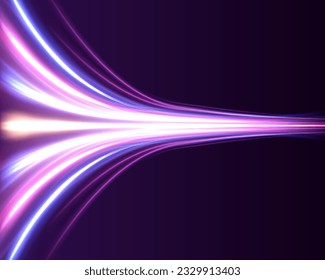 La luz y las rayas se mueven rápidamente sobre el fondo oscuro. Concepto de liderazgo en negocios, productos de alta tecnología, diseño vectorial de ciencia de gusanos de velocidad warp.