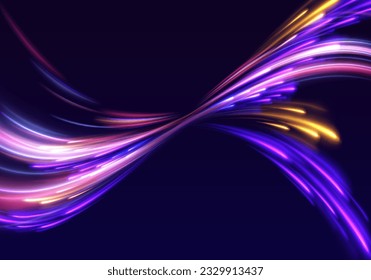 Light and stripes moving fast over dark background. Concept of leading in business, Hi tech products, warp speed wormhole science vector design.	
