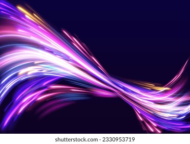 Light and stripes moving fast over dark background. Concept of leading in business, Hi tech products, warp speed wormhole science vector design.