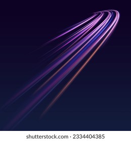 La luz y las rayas se mueven rápidamente sobre el fondo oscuro. Concepto de liderazgo en negocios, productos de alta tecnología, diseño vectorial de ciencia de gusanos de velocidad warp. Efecto de reflexión sobre la fuga de la luz de cristal del arcoiris. 