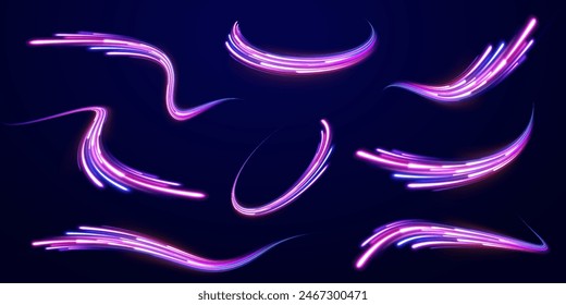Light and stripes moving fast over dark background. Concept of leading in business, Hi tech products, warp speed wormhole science vector design.