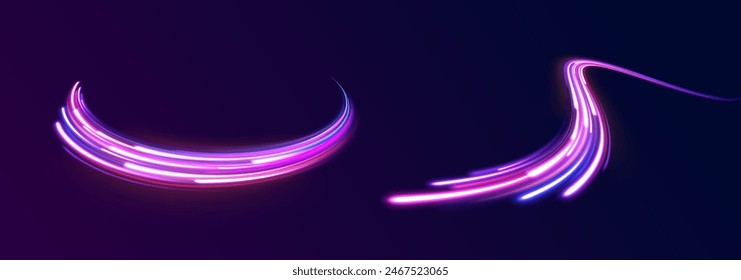 Light and stripes moving fast over dark background. Concept of leading in business, Hi tech products, warp speed wormhole science vector design.