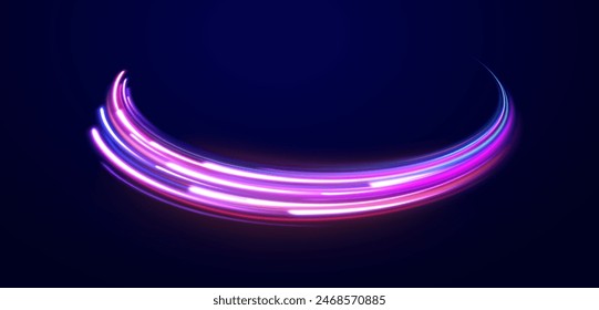 Licht und Streifen bewegen sich schnell über dunklen Hintergrund. Leitbild in der Wirtschaft, Hi-Tech-Produkte, Warp-Speed-Wurmloch Wissenschaft Vektorgrafik Design.