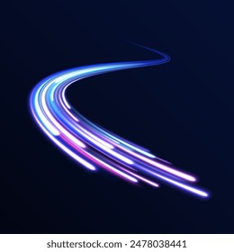 Light and stripes moving fast over dark background. Concept of leading in business, Hi tech products, warp speed wormhole science vector design.	