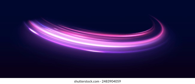 Light and stripes moving fast over dark background. Concept of leading in business, Hi tech products, warp speed wormhole science vector design. Abstract neon light rays background.	