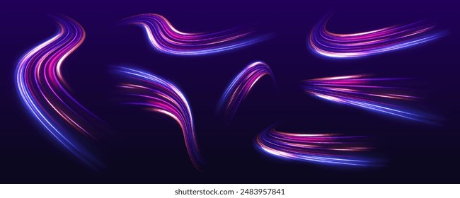 Luz y rayas que se mueven rápidamente sobre fondo oscuro. Vector brillo luz fuego bengala traza. Imagen Abstractas del movimiento de la velocidad en la carretera.	