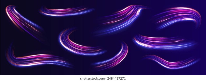 Light and stripes moving fast over dark background. Vector glitter light fire flare trace. Abstract image of speed motion on the road.	