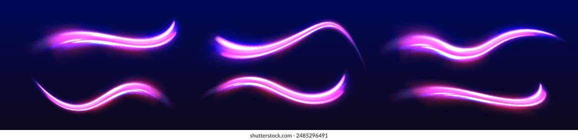 Light and stripes moving fast over dark background. Vector glitter light fire flare trace. Big set neon sparks light trail, fire flare, expressway concept. 