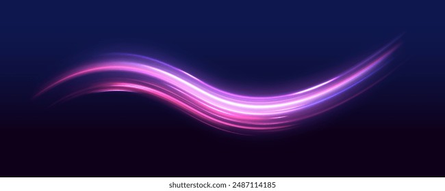 Light and stripes moving fast over dark background. Concept of leading in business, Hi tech products, warp speed wormhole science vector design. Abstract neon light rays background.	