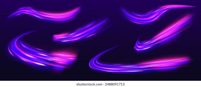 Light and stripes moving fast over dark background. Concept of leading in business, Hi tech products, warp speed wormhole science vector design.	