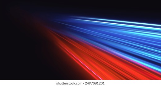 Light and stripes moving fast over dark background. Concept of leading in business, Hi tech products, warp speed wormhole science vector design.