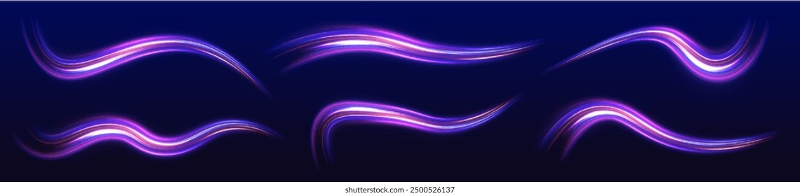 Luz y rayas que se mueven rápidamente sobre fondo oscuro. Vector brillo luz fuego bengala traza. Imagen Abstractas del movimiento de la velocidad en la carretera.	