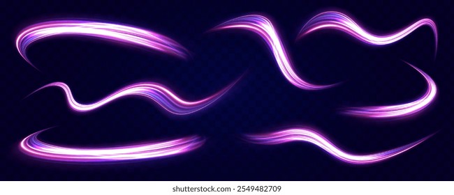 Luz y rayas que se mueven rápidamente sobre fondo oscuro. Fondo Abstractas en colores de neón azul y púrpura. Ilustración de rayo de luz, línea de raya con luz azul, fondo de movimiento de velocidad