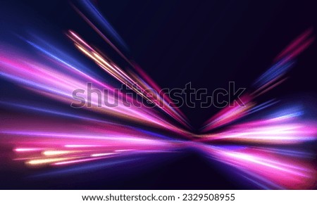 Light and stripes moving fast over dark background. Concept of leading in business, Hi tech products, warp speed wormhole science vector design.